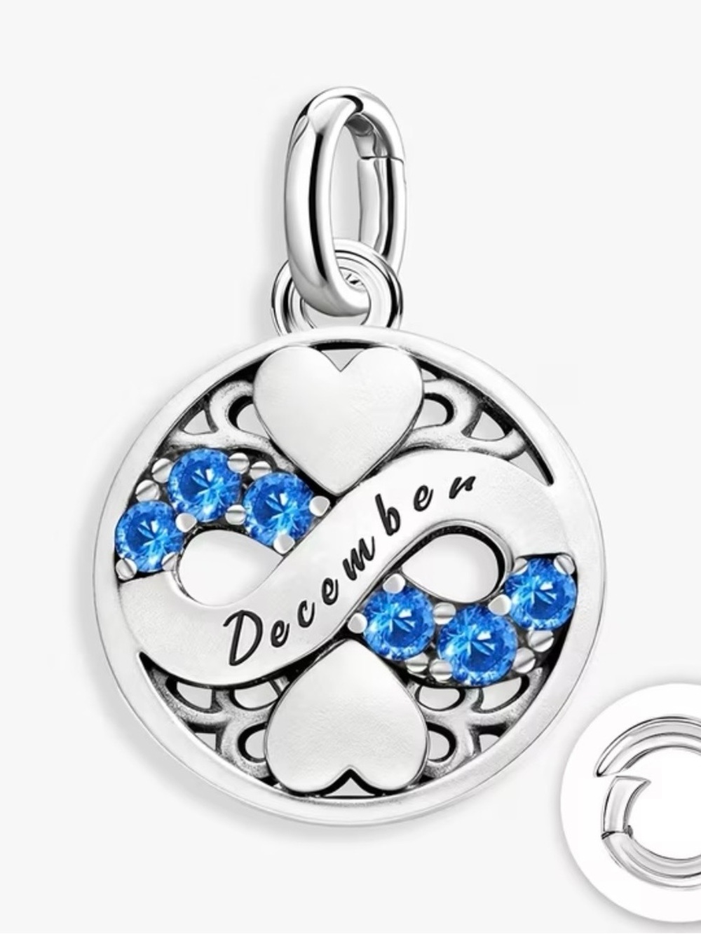 December Birthstone Infinity Pendant Charm - Sterling Silver with Blue Stones
